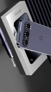 Smartphone Google Pixel 11 Pro na cor roxa sobre sua caixa de embalagem com uma caneta stylus ao lado.